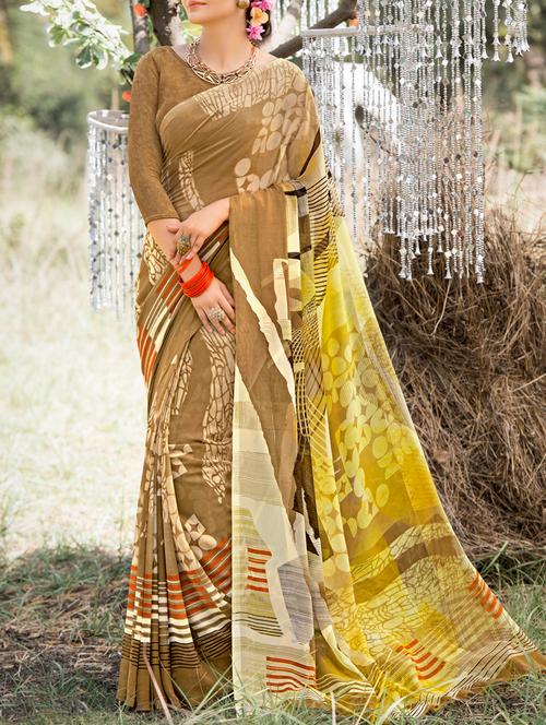 brown georgette printed saree with blouse - 15265877 - Very Small Image - 1