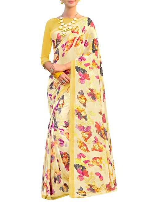 yellow georgette printed saree with blouse - 15265880 - Very Small Image - 1