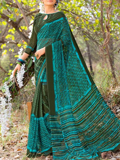 green georgette printed saree with blouse - 15265884 - Very Small Image - 1