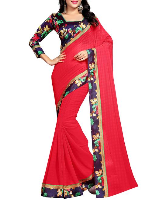 red chiffon bordered saree with blouse - 15266121 - Very Small Image - 1