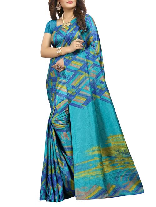 turquoise printed saree with blouse - 15266349 - Very Small Image - 1