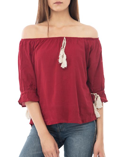 drawstring neckline off-shoulder top - 15266569 - Very Small Image - 1