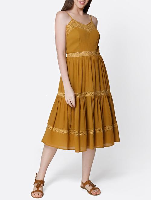 yellow solid cotton a-line tiered dress - 15267726 - Very Small Image - 1