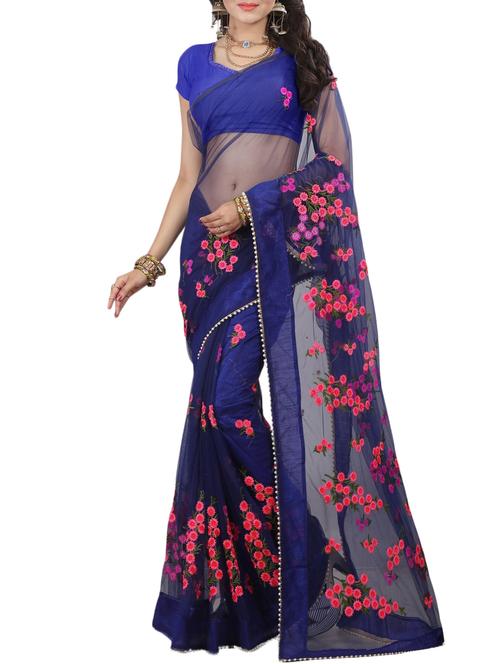 blue tissuenet embroidered saree with blouse - 15267944 - Very Small Image - 1