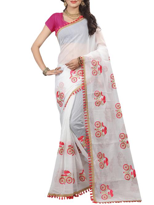 white chanderi embroidered saree with blouse - 15268099 - Very Small Image - 1