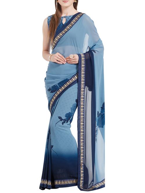 sky blue georgette printed saree with blouse - 15269196 - Very Small Image - 1