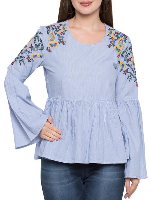 striped embroidered shoulder flared top - 15269339 - Very Small Image - 1