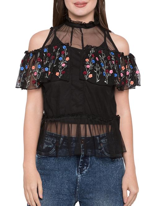 embroidered cold shoulder mesh top - 15269344 - Very Small Image - 1