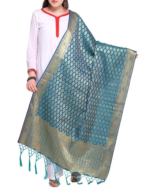 turquoise silk blend dupatta - 15272272 - Very Small Image - 1