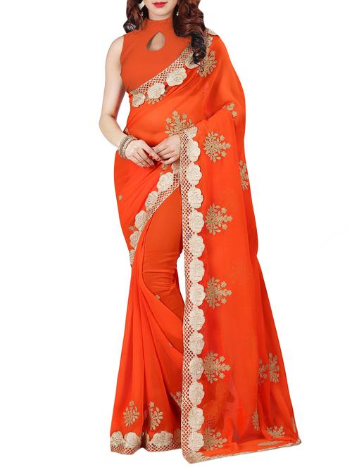 orange chiffon embroidered saree - 15272308 - Very Small Image - 1