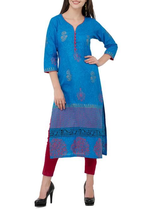 sky blue cotton straight kurta - 15273667 - Very Small Image - 1