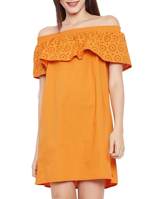orange solid cotton off shoulder dress - 15274319 - Very Small Image - 1