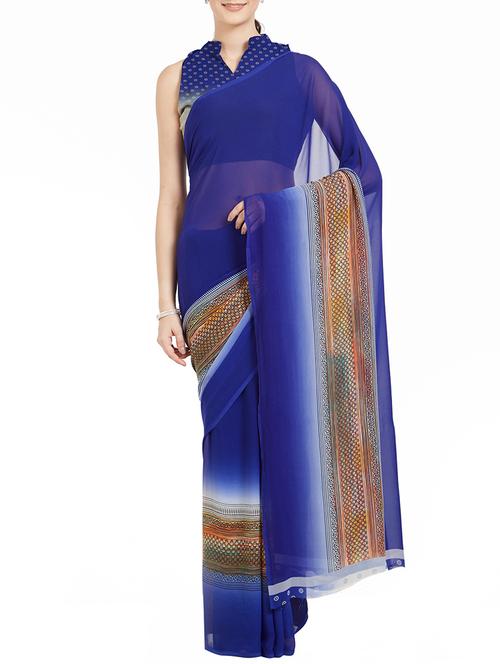 blue georgette printed saree with blouse - 15277111 - Very Small Image - 1