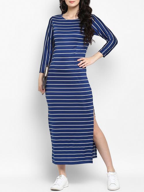 long sleeved striped high slit dress - 15277626 - Very Small Image - 1