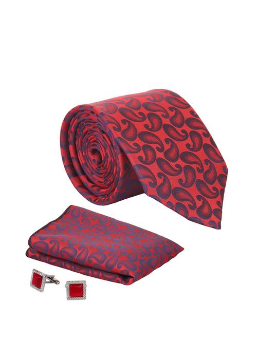 red micro tie with pocket square and cufflinks - 15278042 - Very Small Image - 1