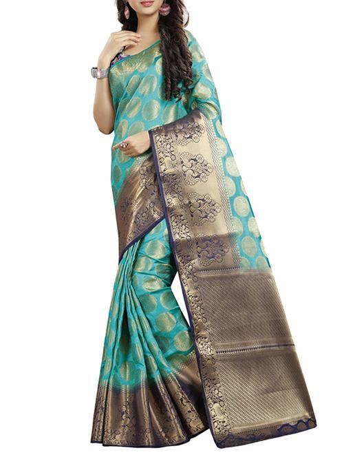 turquoise cotton silk banarasi saree - 15278395 - Very Small Image - 1