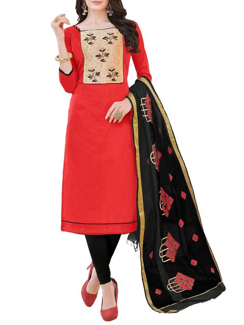 red cotton blend unstitched churidaar suit - 15279275 - Very Small Image - 1