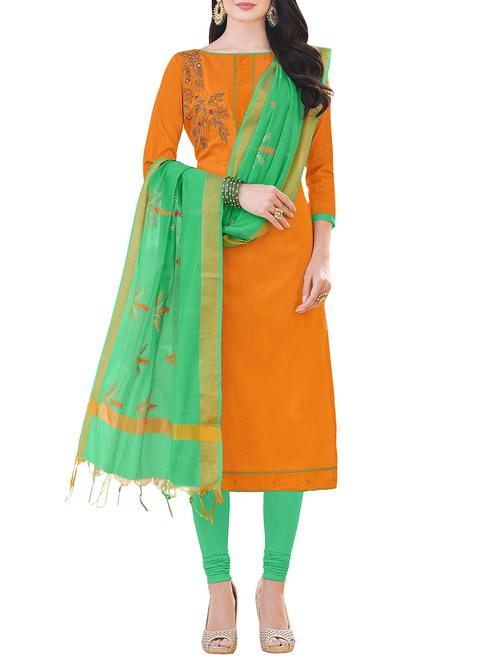 orange cotton blend unstitched churidaar suit - 15279276 - Very Small Image - 1