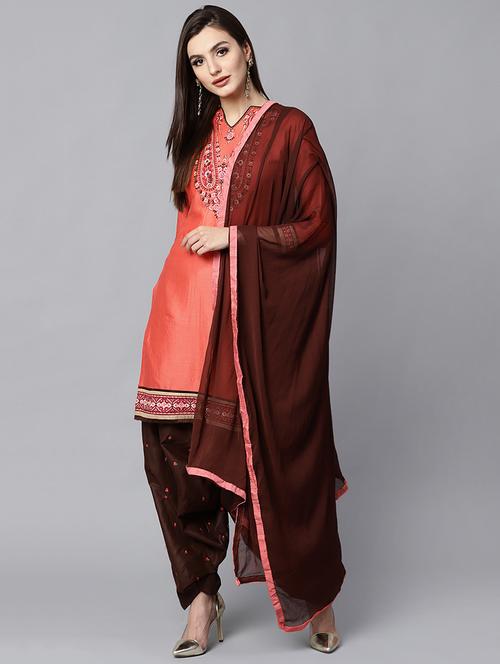 peach cotton blend unstitched patiyala suit - 15279291 - Very Small Image - 1