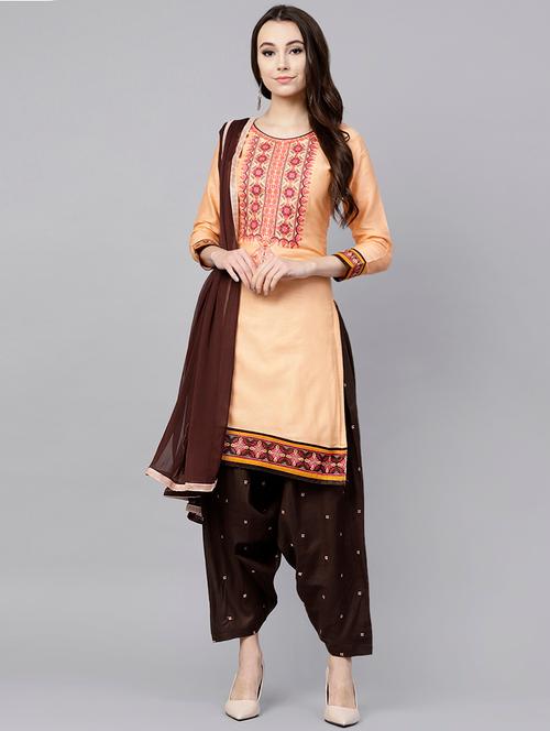 peach cotton blend unstitched patiyala suit - 15279296 - Very Small Image - 1