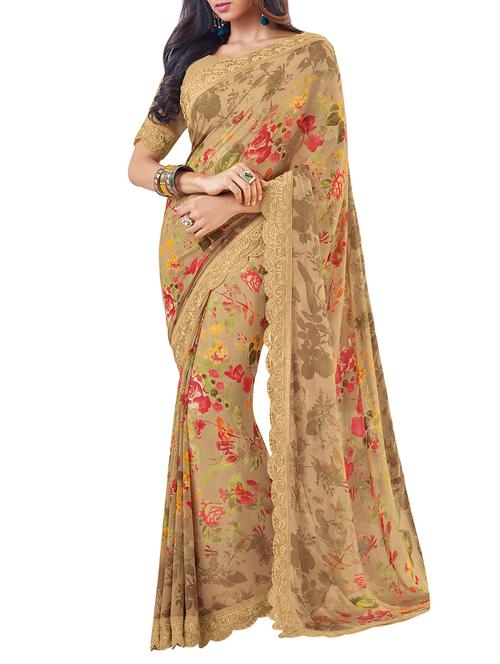 beige printed saree with blouse - 15279981 - Very Small Image - 1
