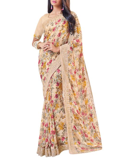 beige printed saree with blouse - 15279986 - Very Small Image - 1