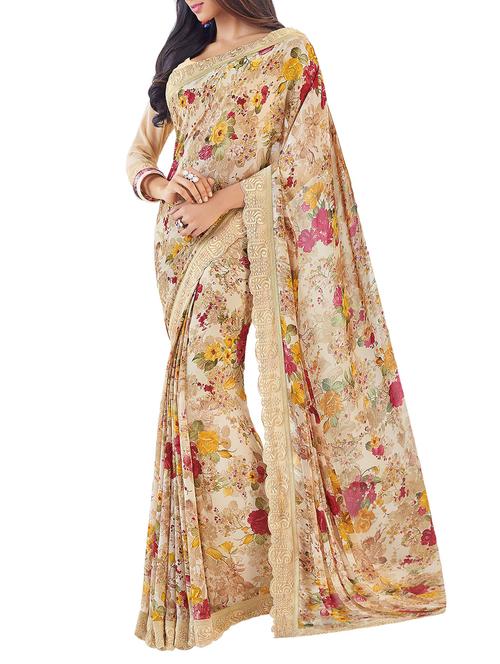 beige printed saree with blouse - 15279989 - Very Small Image - 1