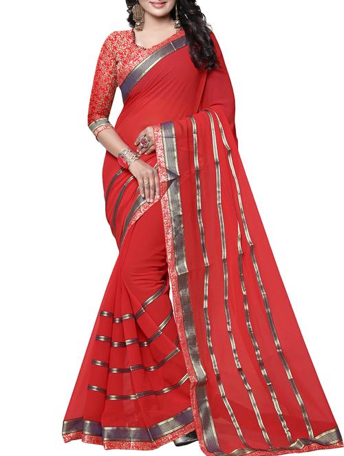 red chiffon printed saree with blouse - 15283747 - Very Small Image - 1