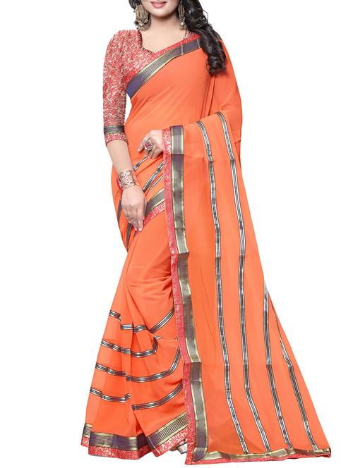 orange chiffon printed saree with blouse - 15283750 - Very Small Image - 1