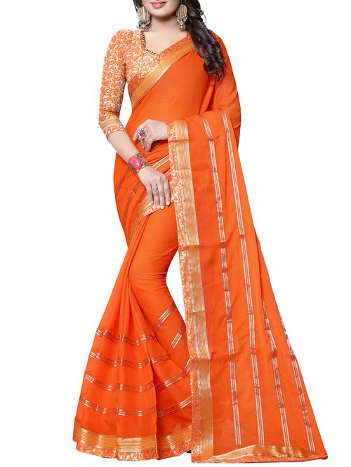 orange chiffon printed saree with blouse - 15283752 - Very Small Image - 1