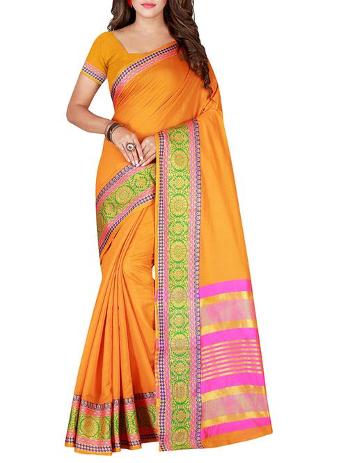 mustard cotton blend bordered saree with blouse - 15284017 - Very Small Image - 1