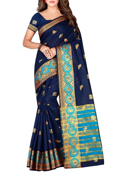 zari woven banarasi cotton blend saree with blouse - 15284022 - Very Small Image - 1
