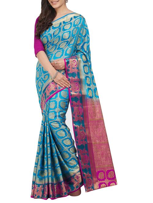 jacquard woven silk blend saree with blouse - 15284027 - Very Small Image - 1