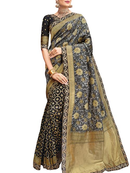 zari woven half & half banarasi silk saree with blouse - 15284079 - Very Small Image - 1