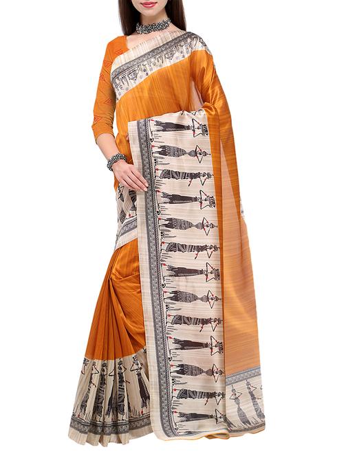 printed border orange art silk saree with blouse - 15284124 - Very Small Image - 1