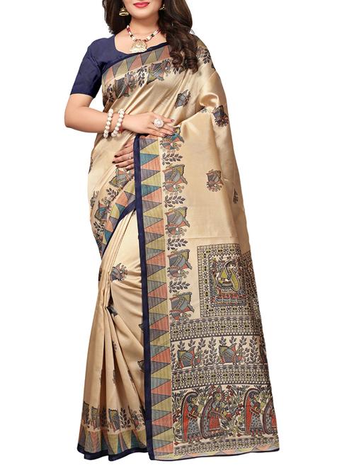 madhubani printed beige art silk saree with blouse - 15284133 - Very Small Image - 1