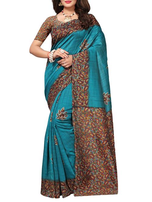 kalamkari printed turquoise art silk saree with blouse - 15284134 - Very Small Image - 1