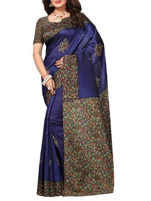 kalamkari printed blue art silk saree with blouse - 15284135 - Very Small Image - 1