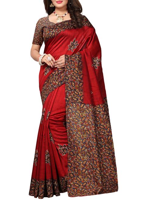 kalamkari printed red art silk saree with blouse - 15284137 - Very Small Image - 1