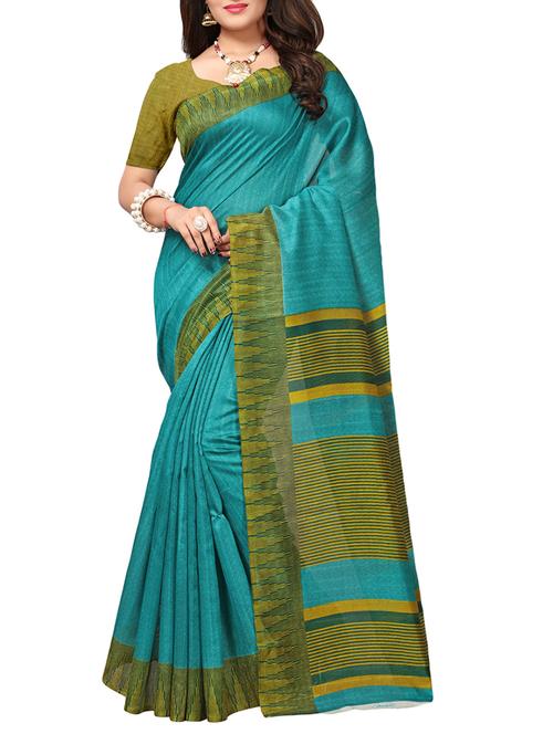 contrast border turquoise bhagalpuri silk saree with blouse - 15284139 - Very Small Image - 1