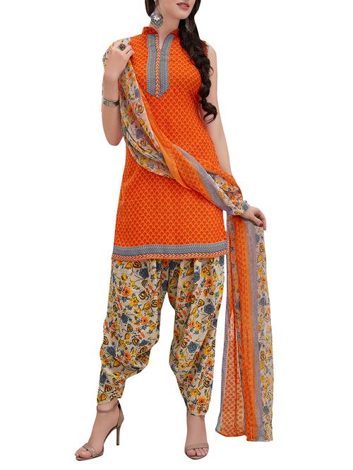 orange cotton blend unstitched salwar suit - 15284153 - Very Small Image - 1