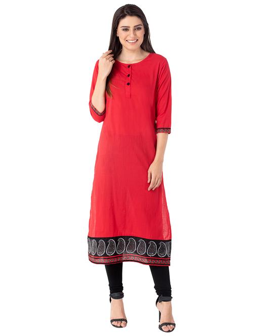 red cotton straight kurta - 15290599 - Very Small Image - 1