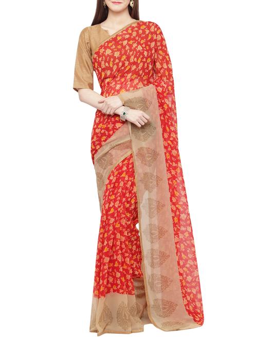 red georgette printed saree with blouse - 15292319 - Very Small Image - 1