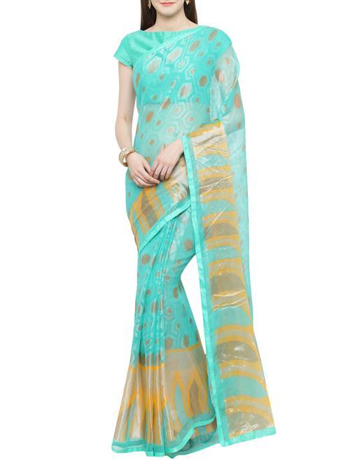 turquoise silk printed saree with blouse - 15292329 - Very Small Image - 1