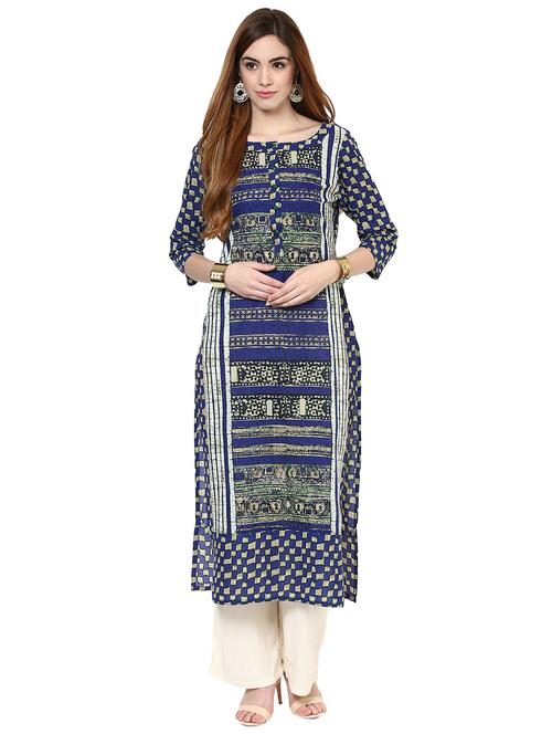 blue cotton straight kurta - 15294069 - Very Small Image - 1