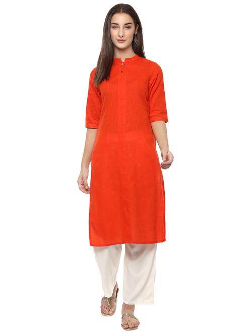 orange cotton straight solid kurta - 15294077 - Very Small Image - 1