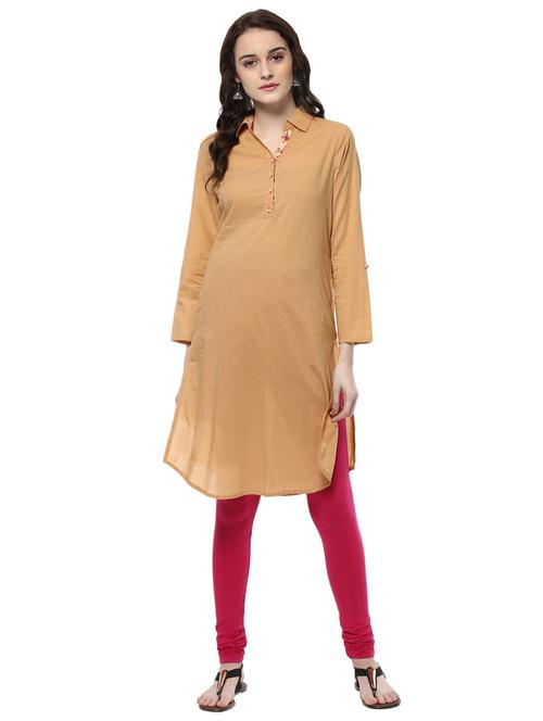 cream cotton straight solid kurta - 15294081 - Very Small Image - 1
