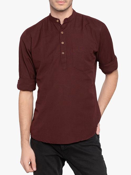 maroon linen short kurta - 15295540 - Very Small Image - 1
