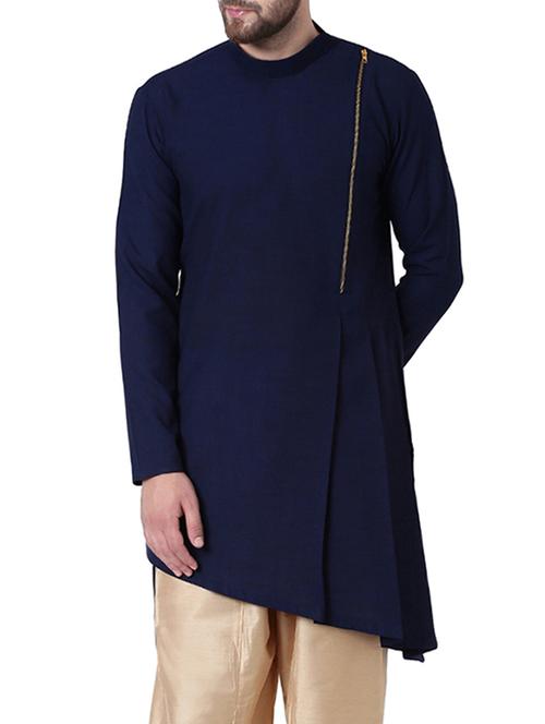 navy blue silk blend asymmetric kurta - 15296462 - Very Small Image - 1