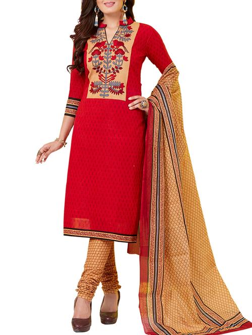 red cotton unstitched churidaar suit - 15297184 - Very Small Image - 1